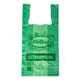10" x 5" x 17" x 0.8 mil Green Compostable Plastic Grocery Store Checkout Bags with T-Shirt Handle, Side Gussets (600 Bags, 50 Bags/Bundle, 12 Boxes/Case)