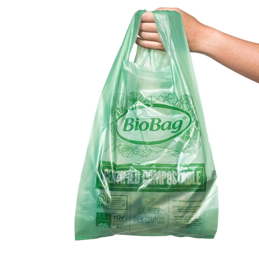 10" x 5" x 17" x 0.8 mil Green Compostable Plastic Grocery Store Checkout Bags with T-Shirt Handle, Side Gussets (600 Bags, 50 Bags/Bundle, 12 Boxes/Case)