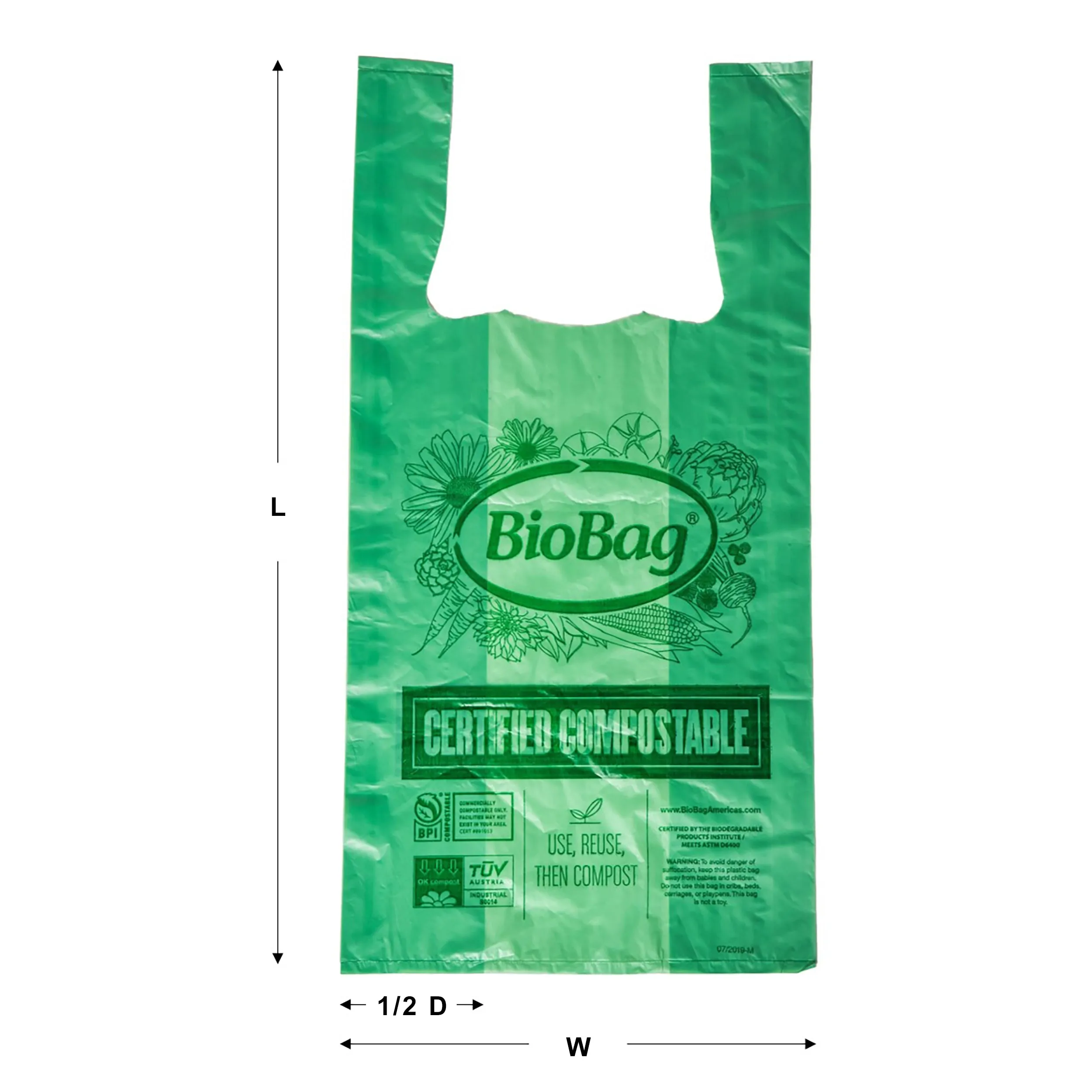 10" x 5" x 17" x 0.8 mil Green Compostable Plastic Grocery Store Checkout Bags with T-Shirt Handle, Side Gussets (600 Bags, 50 Bags/Bundle, 12 Boxes/Case)