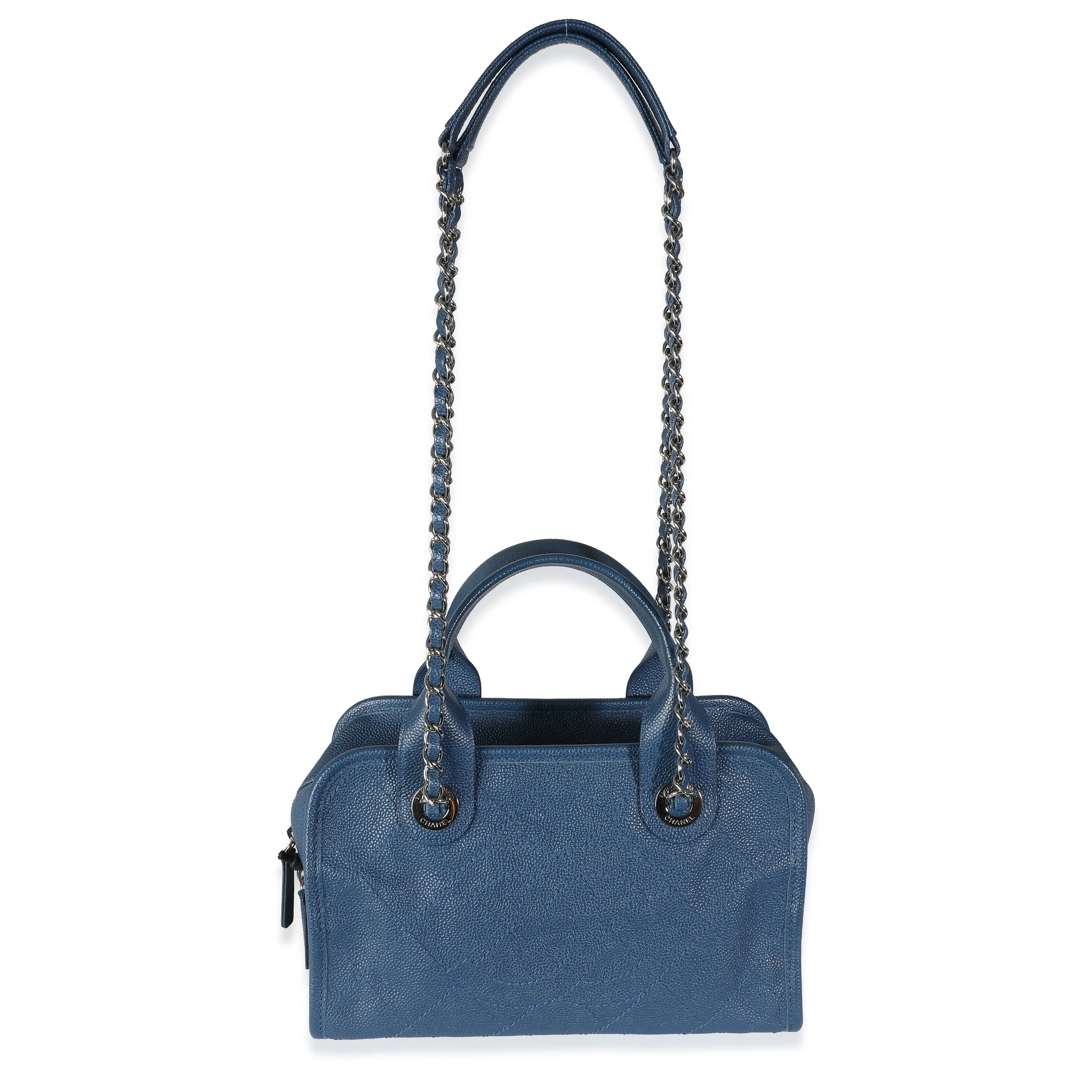 Blue Quilted Caviar Deauville Bowling Handbag
