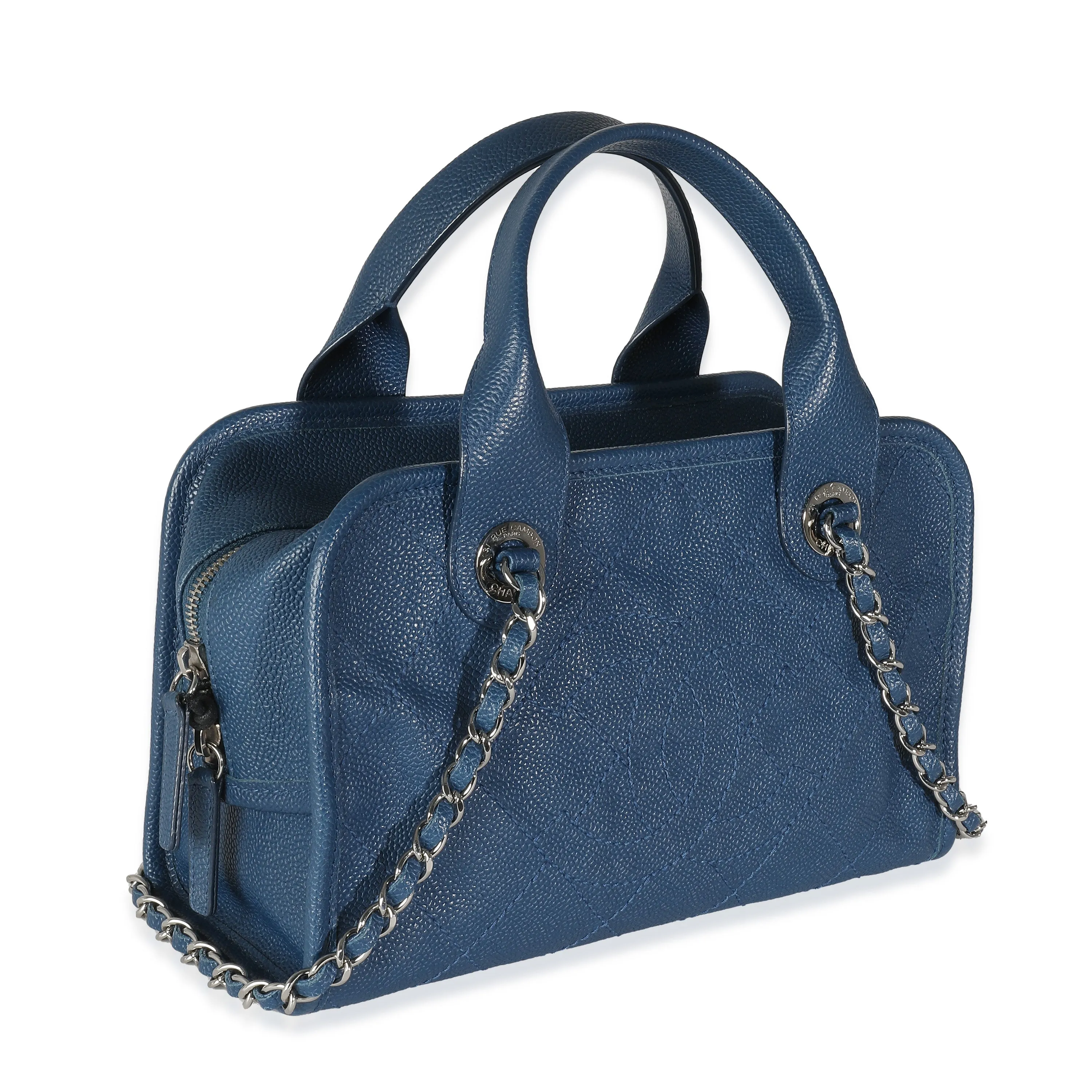 Blue Quilted Caviar Deauville Bowling Handbag