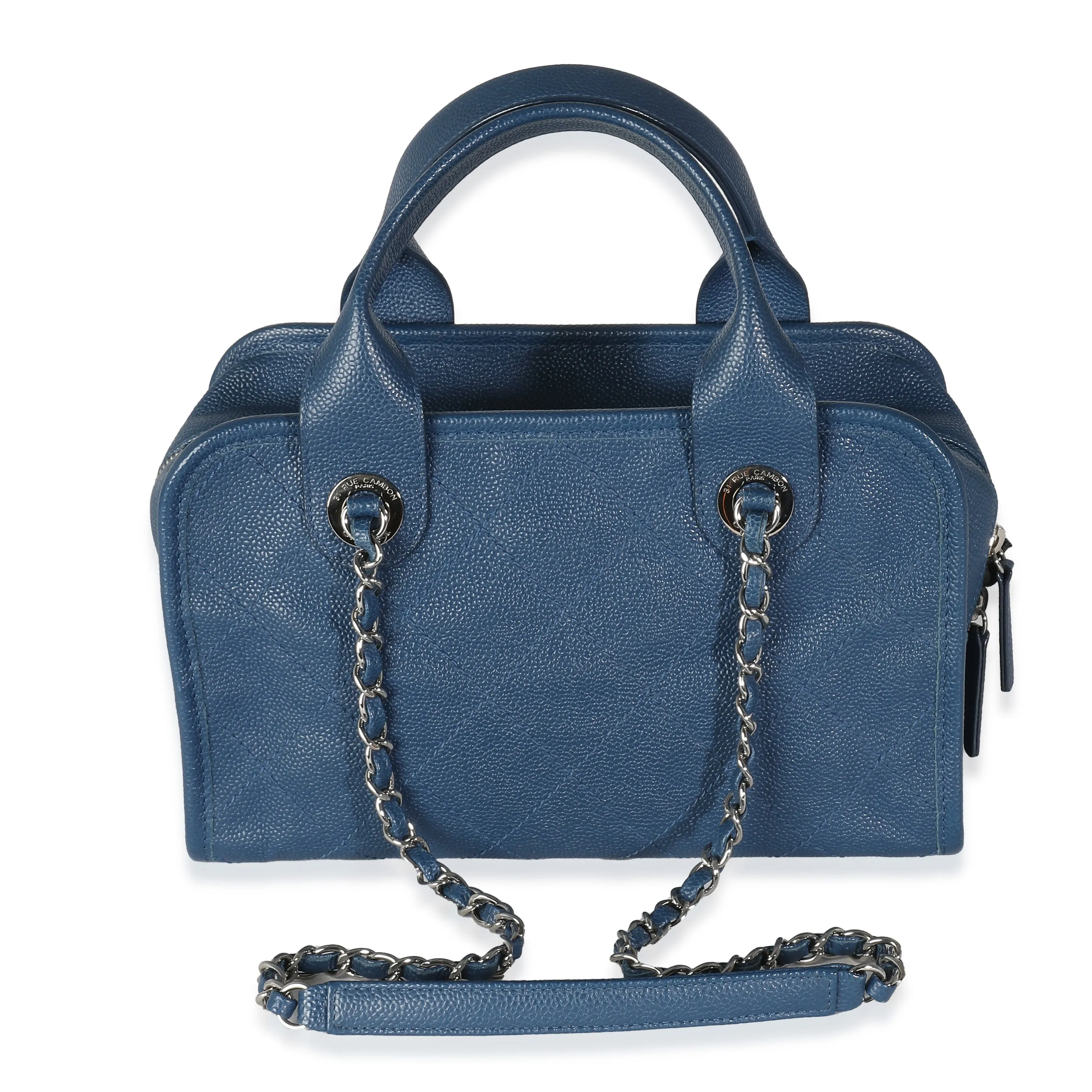 Blue Quilted Caviar Deauville Bowling Handbag