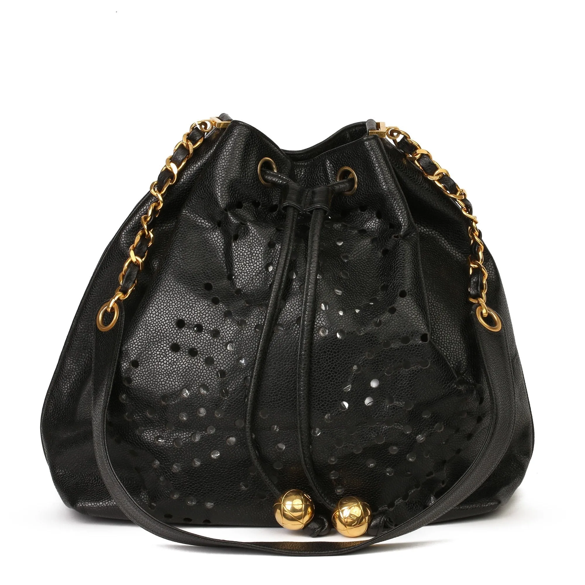 Chanel Black CC Perforated Caviar Leather Vintage Timeless Bucket Bag