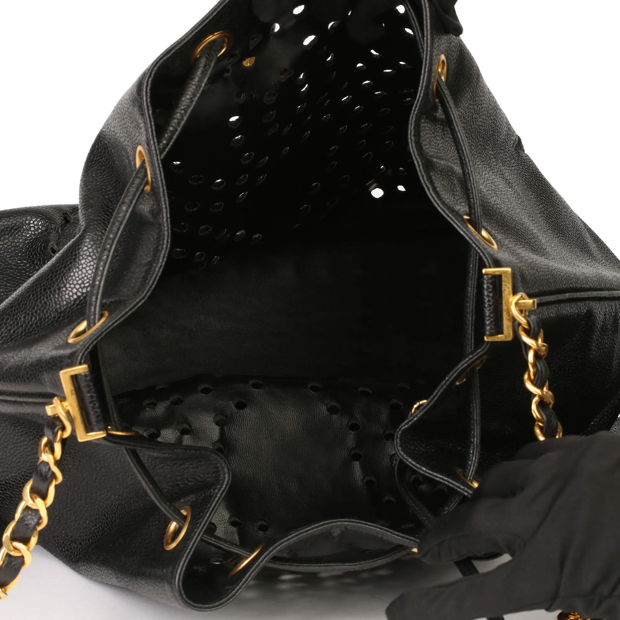 Chanel Black CC Perforated Caviar Leather Vintage Timeless Bucket Bag
