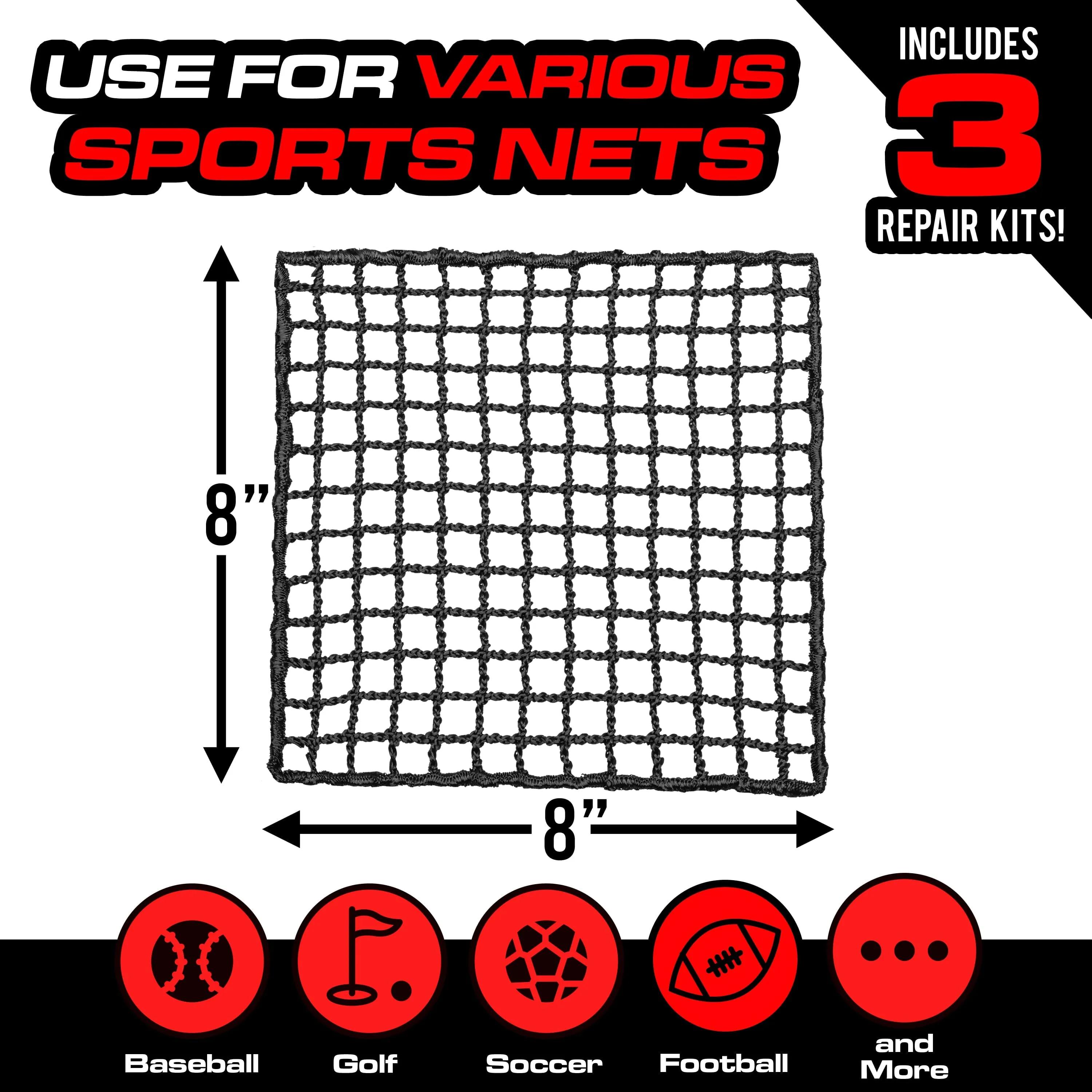GoSports 3 Pack Universal Sports Net Repair Kits for Golf, Baseball, Soccer, and More - 8 x 8 Inch Sports Netting Patch Kits
