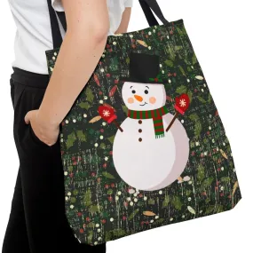 Snowman in Christmas Floral Large Tote Bag: Festive Holiday Carryall