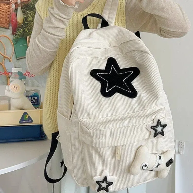UAKISS  -  Cute Corduroy Backpacks Star Decoration School Bags For Teenage Girls 2024 New Designer Soft Cloth Satchels Korea Packages