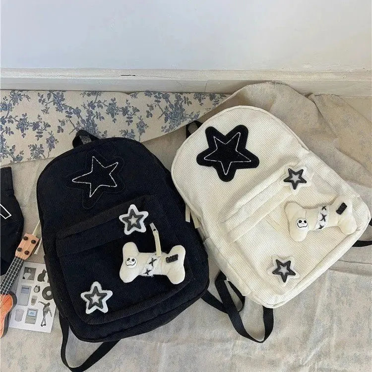 UAKISS  -  Cute Corduroy Backpacks Star Decoration School Bags For Teenage Girls 2024 New Designer Soft Cloth Satchels Korea Packages