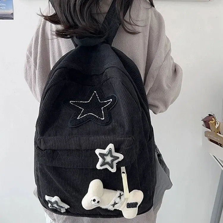 UAKISS  -  Cute Corduroy Backpacks Star Decoration School Bags For Teenage Girls 2024 New Designer Soft Cloth Satchels Korea Packages