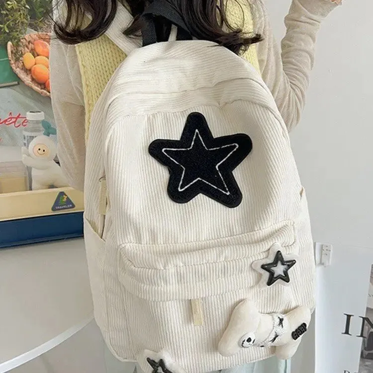 UAKISS  -  Cute Corduroy Backpacks Star Decoration School Bags For Teenage Girls 2024 New Designer Soft Cloth Satchels Korea Packages