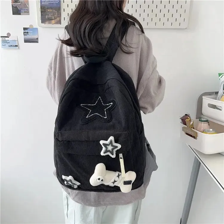 UAKISS  -  Cute Corduroy Backpacks Star Decoration School Bags For Teenage Girls 2024 New Designer Soft Cloth Satchels Korea Packages