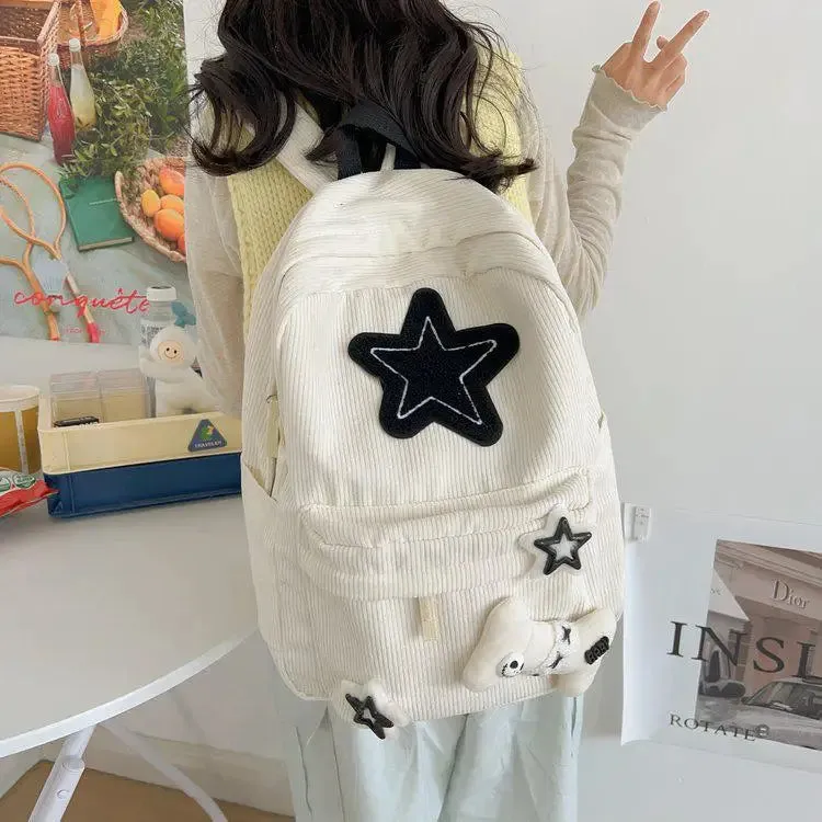 UAKISS  -  Cute Corduroy Backpacks Star Decoration School Bags For Teenage Girls 2024 New Designer Soft Cloth Satchels Korea Packages