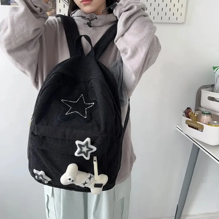 UAKISS  -  Cute Corduroy Backpacks Star Decoration School Bags For Teenage Girls 2024 New Designer Soft Cloth Satchels Korea Packages