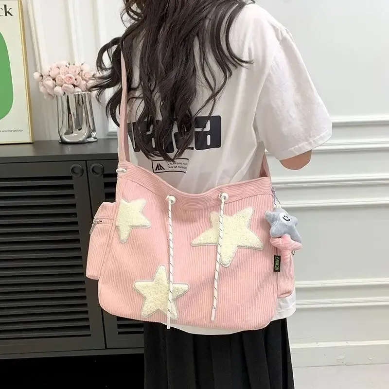 Uakiss Women Star Pattern Corduroy Crossbody Bag Casual Tote Lady Simple Large Capacity Shoulder Bag Girl Travel School Bookbag Handbag