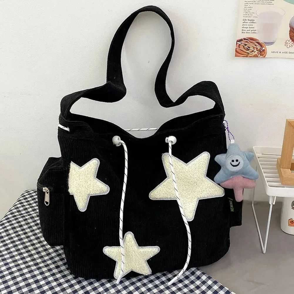 Uakiss Women Star Pattern Corduroy Crossbody Bag Casual Tote Lady Simple Large Capacity Shoulder Bag Girl Travel School Bookbag Handbag