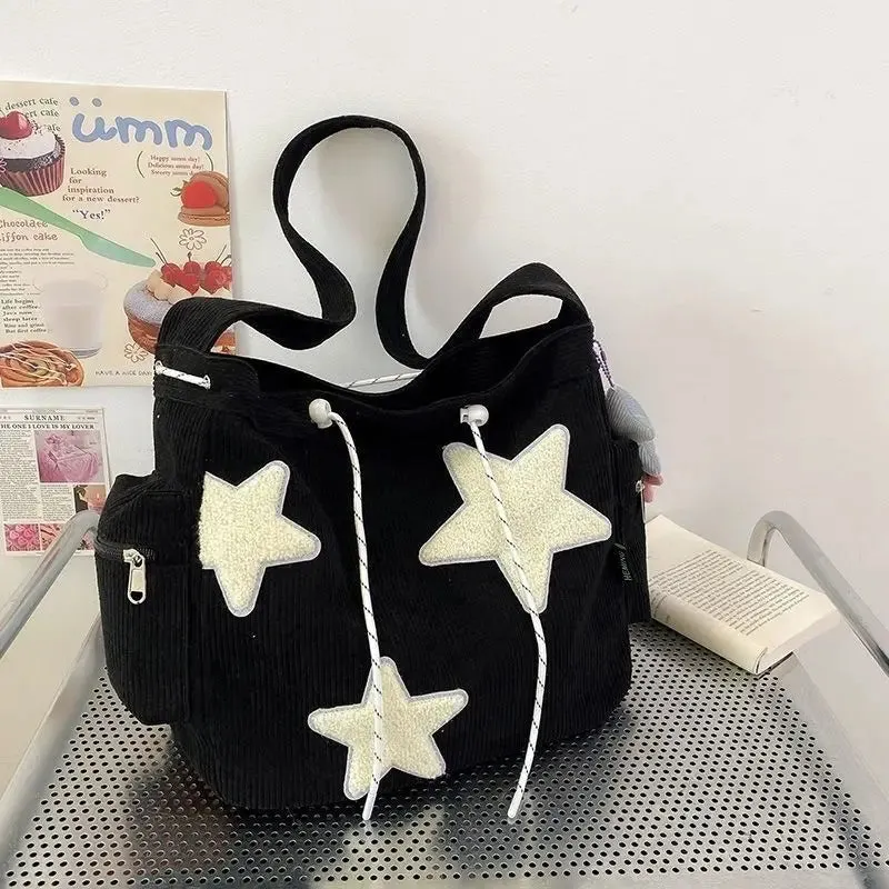 Uakiss Women Star Pattern Corduroy Crossbody Bag Casual Tote Lady Simple Large Capacity Shoulder Bag Girl Travel School Bookbag Handbag