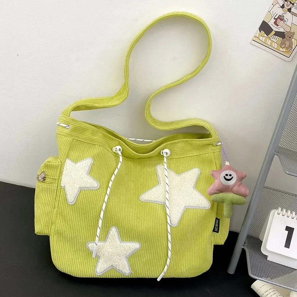 Uakiss Women Star Pattern Corduroy Crossbody Bag Casual Tote Lady Simple Large Capacity Shoulder Bag Girl Travel School Bookbag Handbag