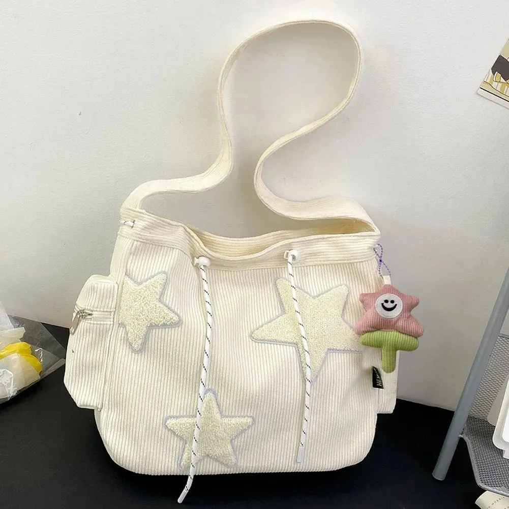 Uakiss Women Star Pattern Corduroy Crossbody Bag Casual Tote Lady Simple Large Capacity Shoulder Bag Girl Travel School Bookbag Handbag