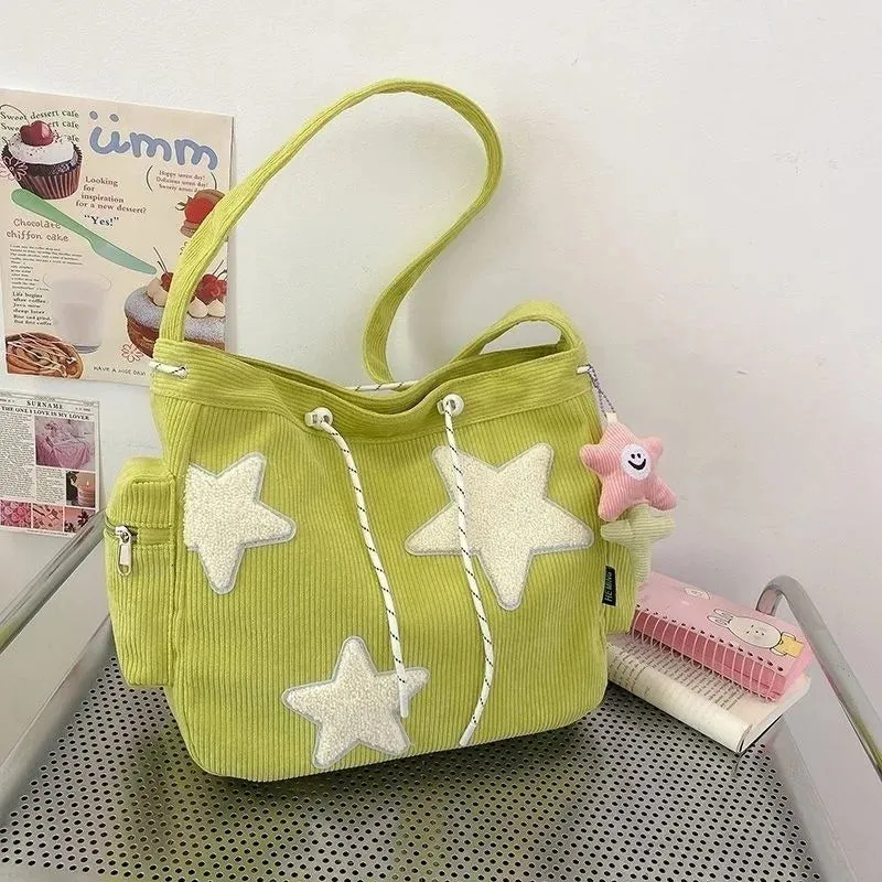 Uakiss Women Star Pattern Corduroy Crossbody Bag Casual Tote Lady Simple Large Capacity Shoulder Bag Girl Travel School Bookbag Handbag