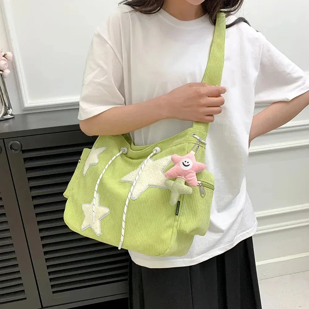 Uakiss Women Star Pattern Corduroy Crossbody Bag Casual Tote Lady Simple Large Capacity Shoulder Bag Girl Travel School Bookbag Handbag