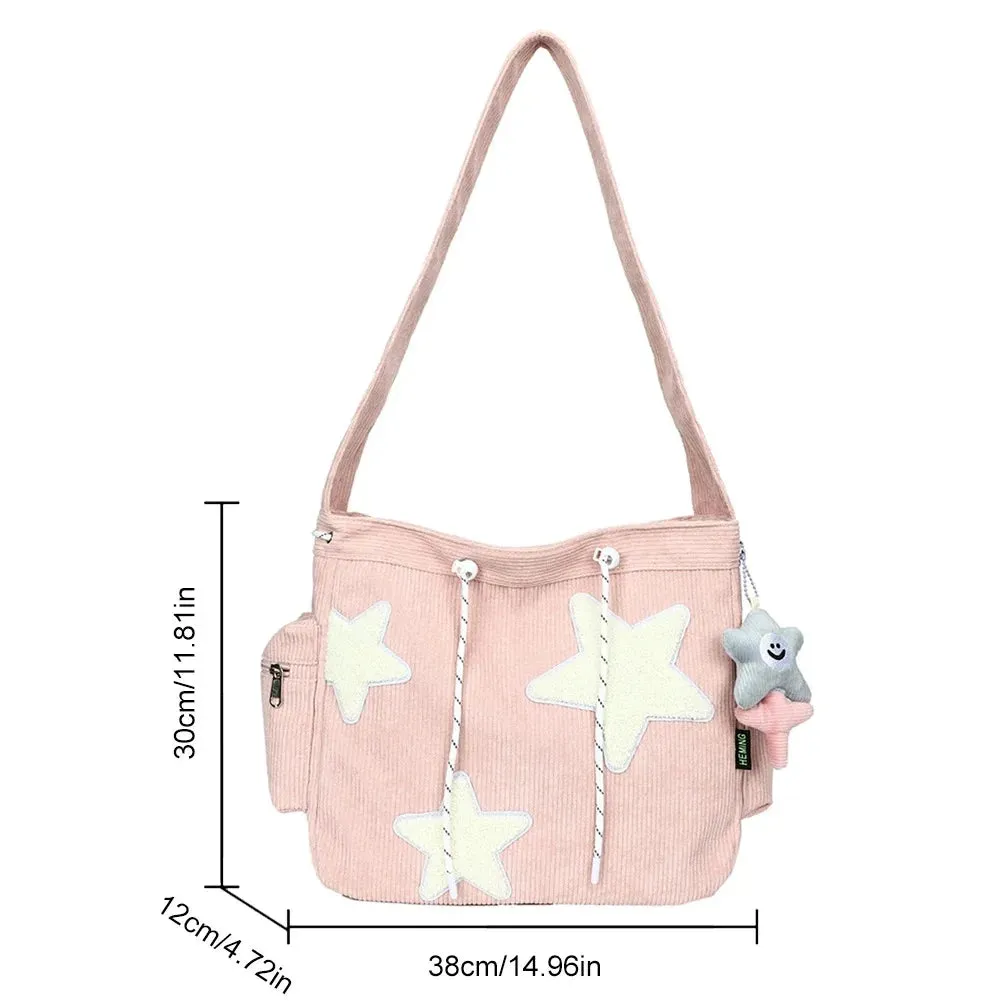 Uakiss Women Star Pattern Corduroy Crossbody Bag Casual Tote Lady Simple Large Capacity Shoulder Bag Girl Travel School Bookbag Handbag
