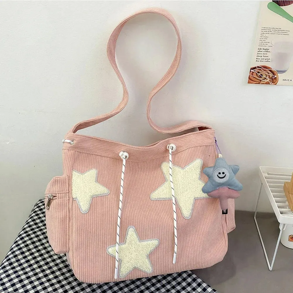 Uakiss Women Star Pattern Corduroy Crossbody Bag Casual Tote Lady Simple Large Capacity Shoulder Bag Girl Travel School Bookbag Handbag