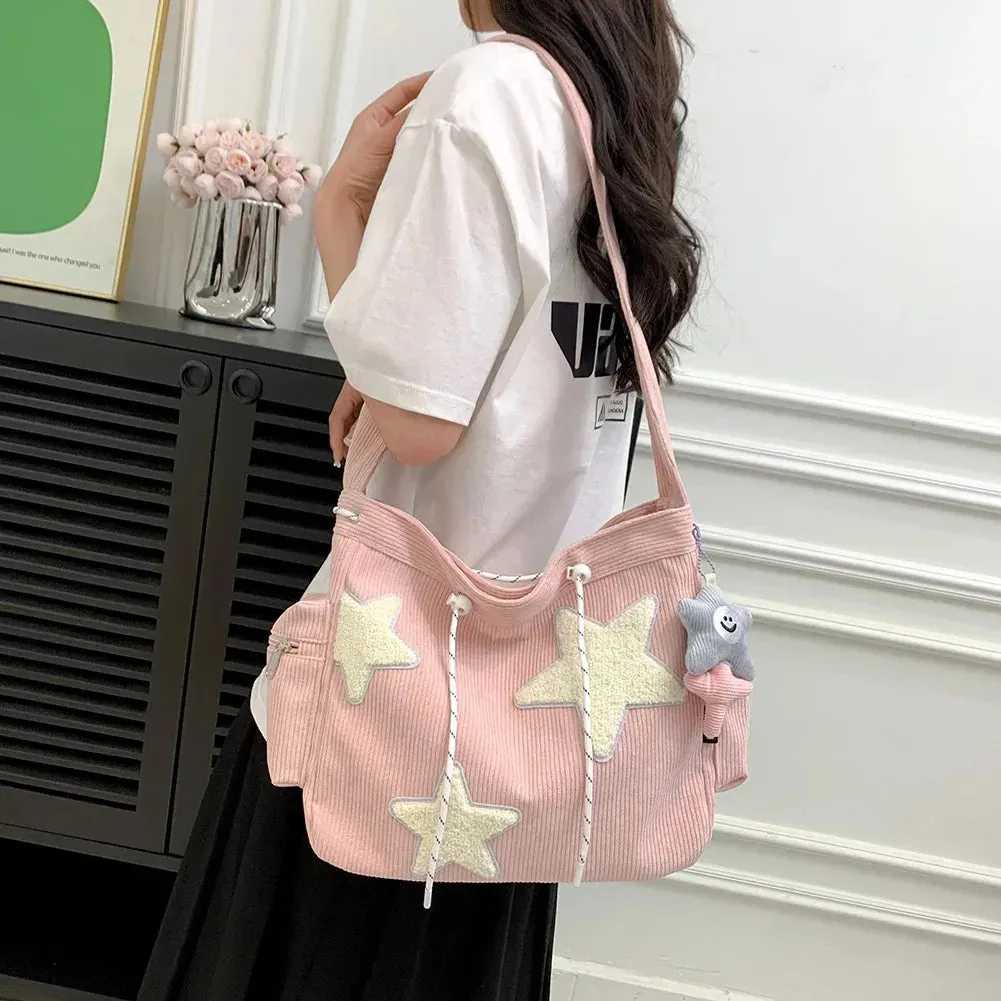 Uakiss Women Star Pattern Corduroy Crossbody Bag Casual Tote Lady Simple Large Capacity Shoulder Bag Girl Travel School Bookbag Handbag