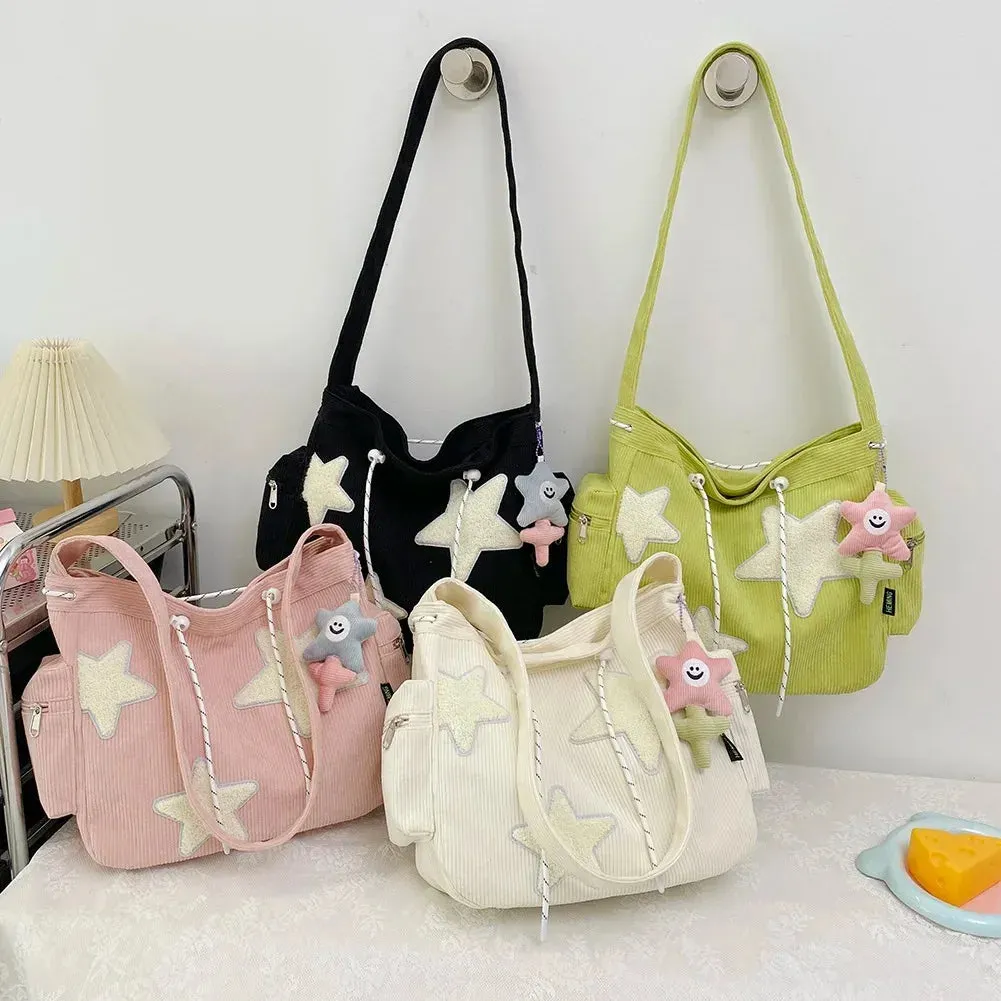 Uakiss Women Star Pattern Corduroy Crossbody Bag Casual Tote Lady Simple Large Capacity Shoulder Bag Girl Travel School Bookbag Handbag