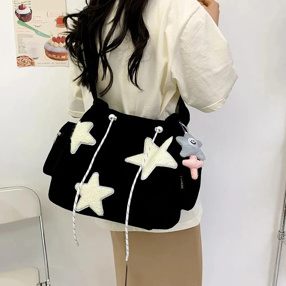 Uakiss Women Star Pattern Corduroy Crossbody Bag Casual Tote Lady Simple Large Capacity Shoulder Bag Girl Travel School Bookbag Handbag