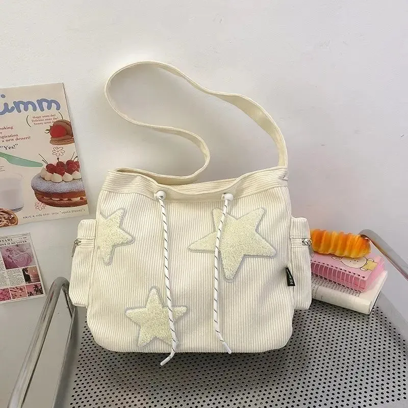 Uakiss Women Star Pattern Corduroy Crossbody Bag Casual Tote Lady Simple Large Capacity Shoulder Bag Girl Travel School Bookbag Handbag