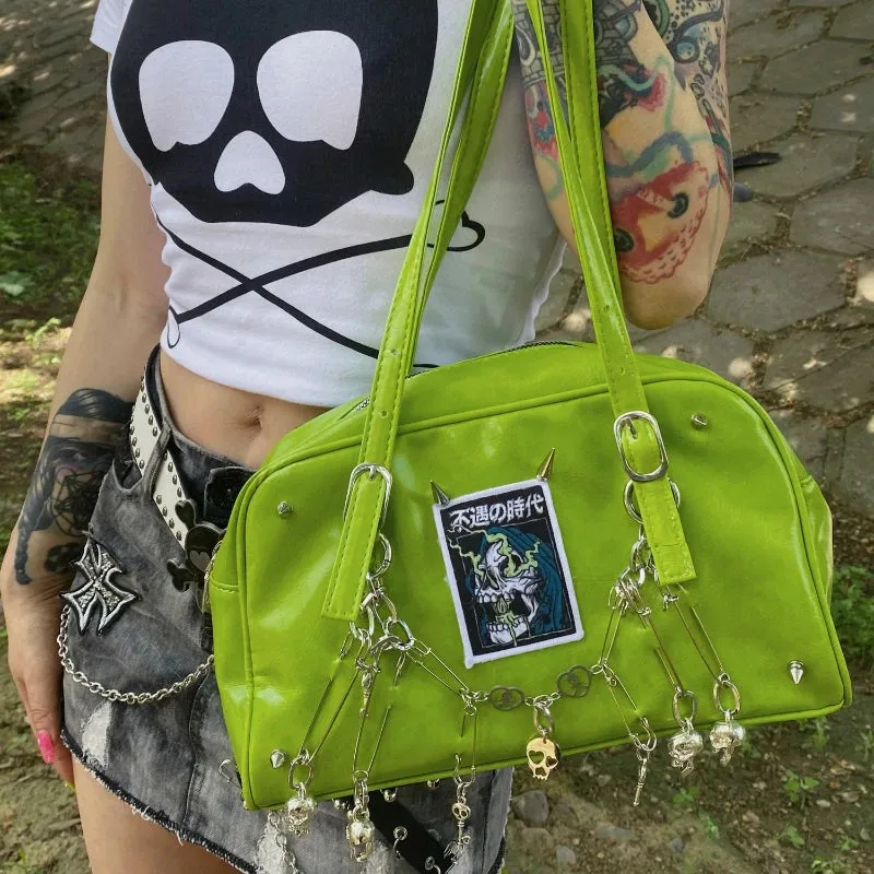 Uakiss Y2k Aesthetic Vintage Skull Chain Shoulder Bags Punk Gothic Harajuku Rivets Underarm Bag Personality Casual Retro Women Handbags