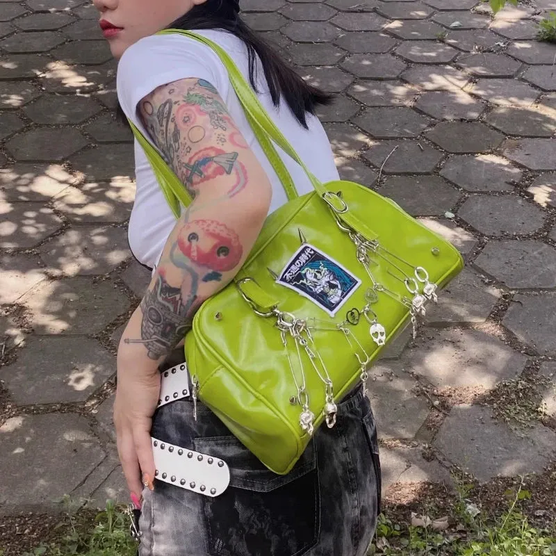 Uakiss Y2k Aesthetic Vintage Skull Chain Shoulder Bags Punk Gothic Harajuku Rivets Underarm Bag Personality Casual Retro Women Handbags
