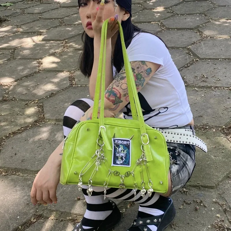 Uakiss Y2k Aesthetic Vintage Skull Chain Shoulder Bags Punk Gothic Harajuku Rivets Underarm Bag Personality Casual Retro Women Handbags