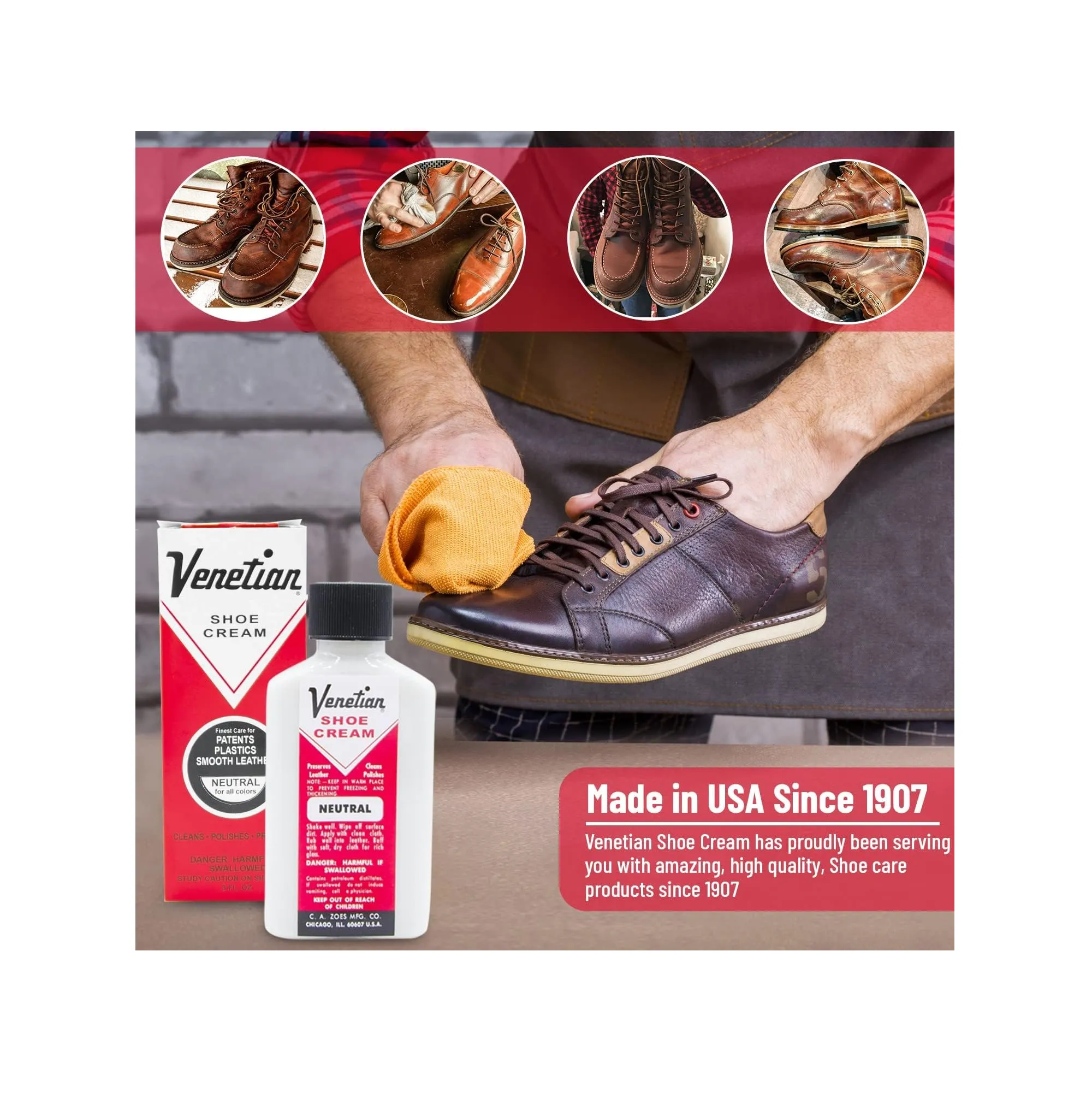Venetian Shoe Cream - Shoe Polish Conditioner For Leather, Boots, Shoes, Bags, & Furniture- 3oz - Made in USA Since 1907