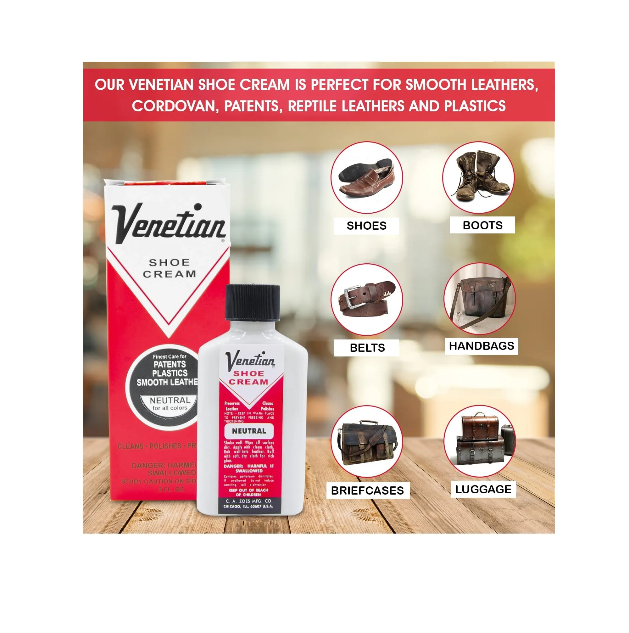Venetian Shoe Cream - Shoe Polish Conditioner For Leather, Boots, Shoes, Bags, & Furniture- 3oz - Made in USA Since 1907