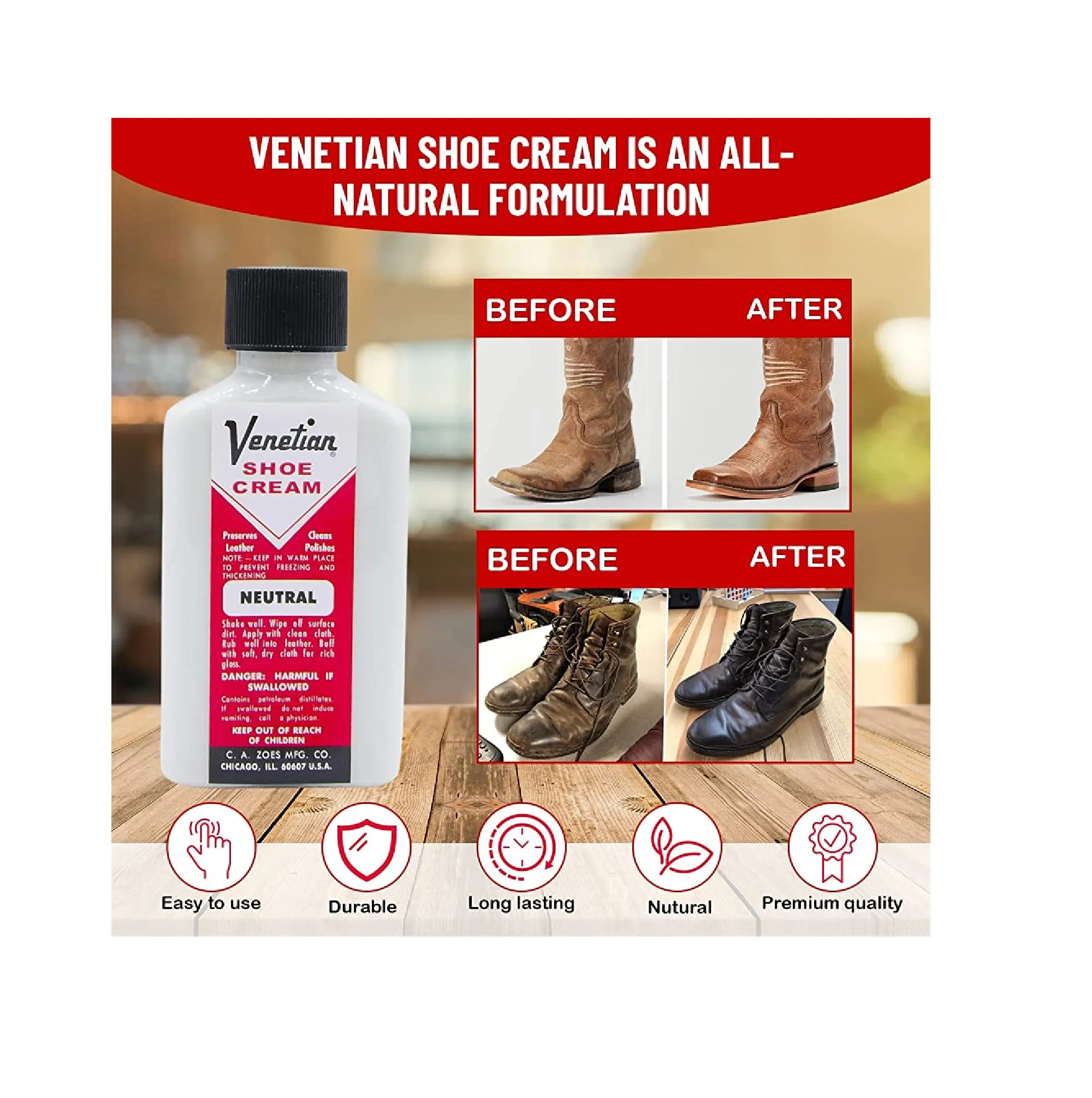 Venetian Shoe Cream - Shoe Polish Conditioner For Leather, Boots, Shoes, Bags, & Furniture- 3oz - Made in USA Since 1907