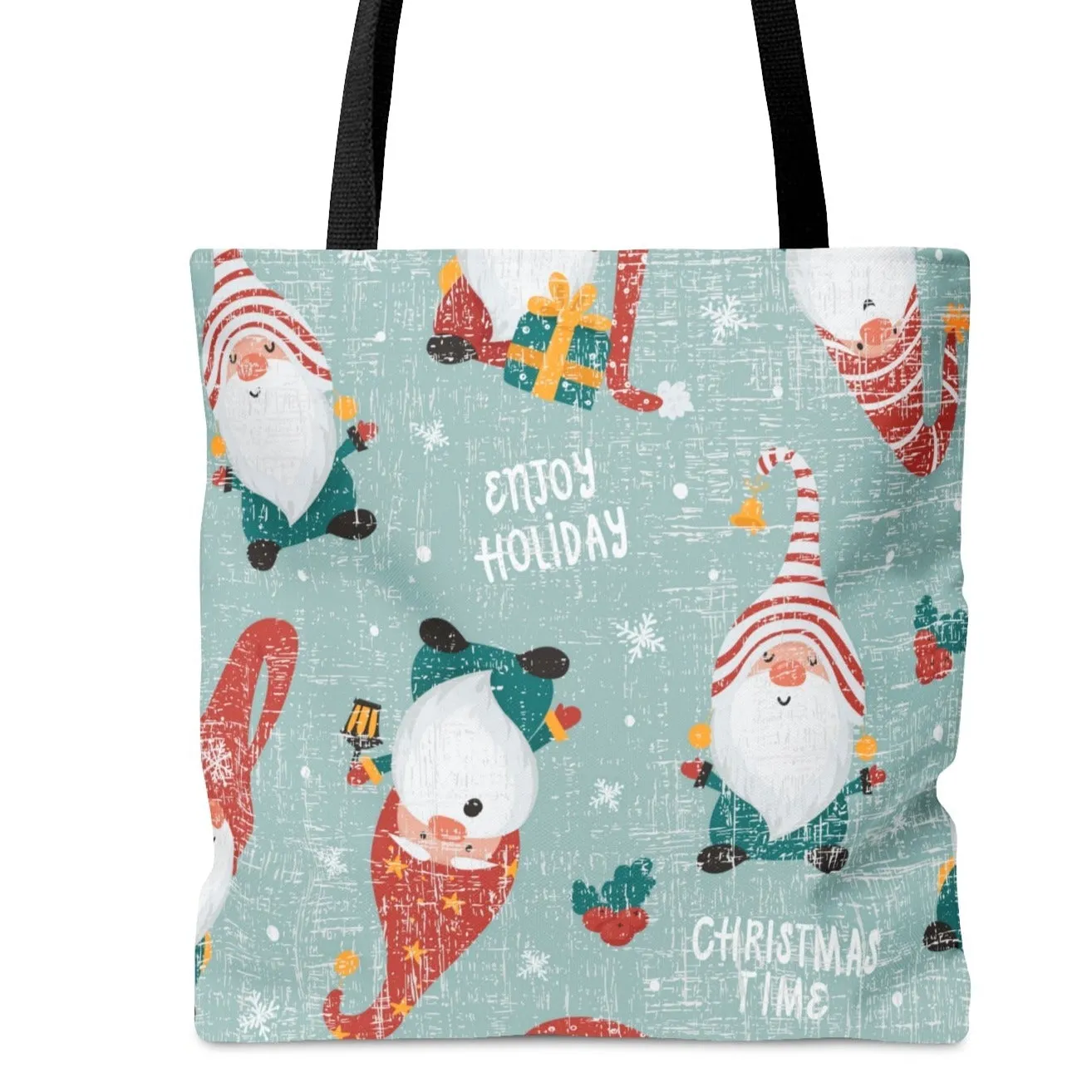 Whimsical Christmas Gnomes on Light Blue Large Tote Bag: Festive Holiday Carryall