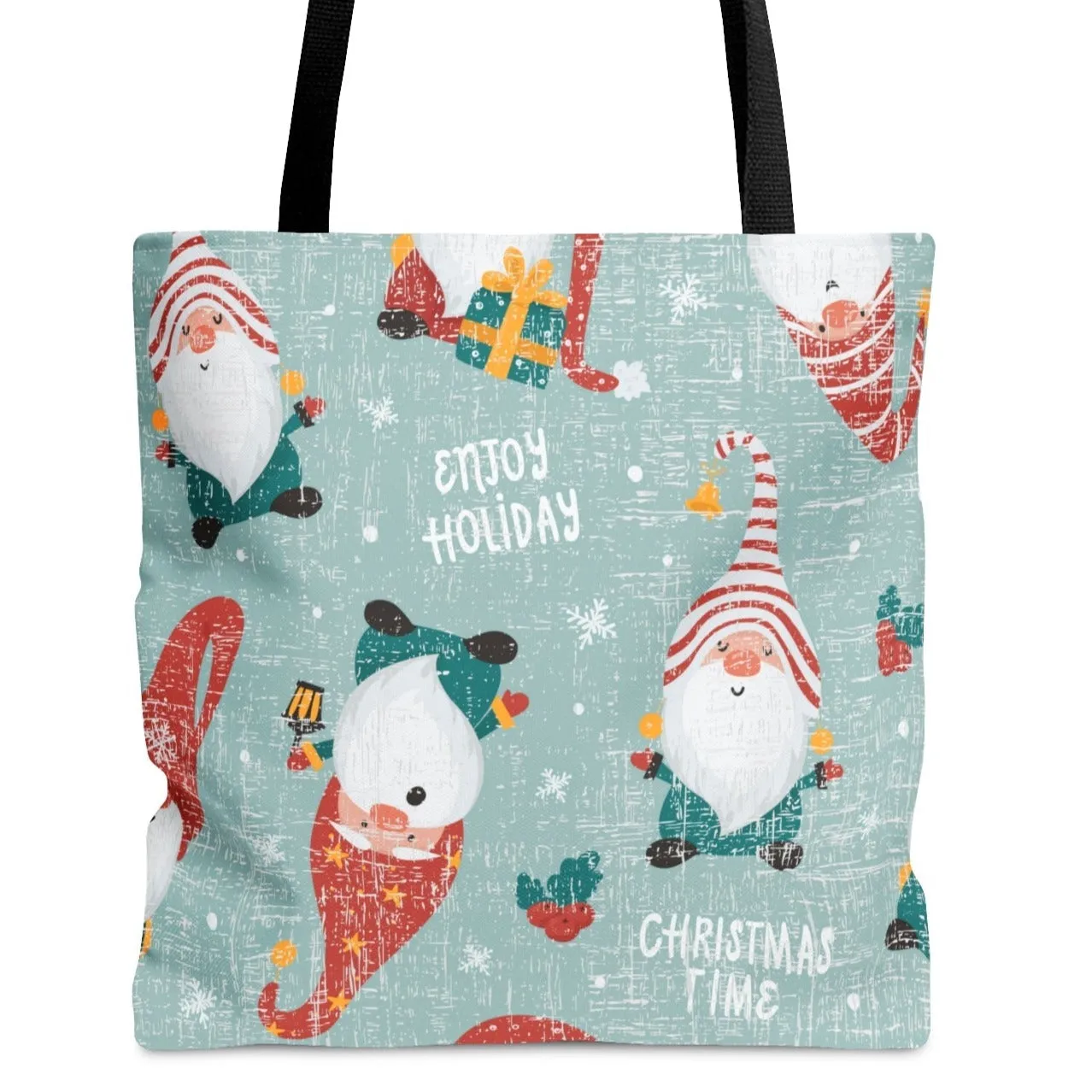 Whimsical Christmas Gnomes on Light Blue Large Tote Bag: Festive Holiday Carryall