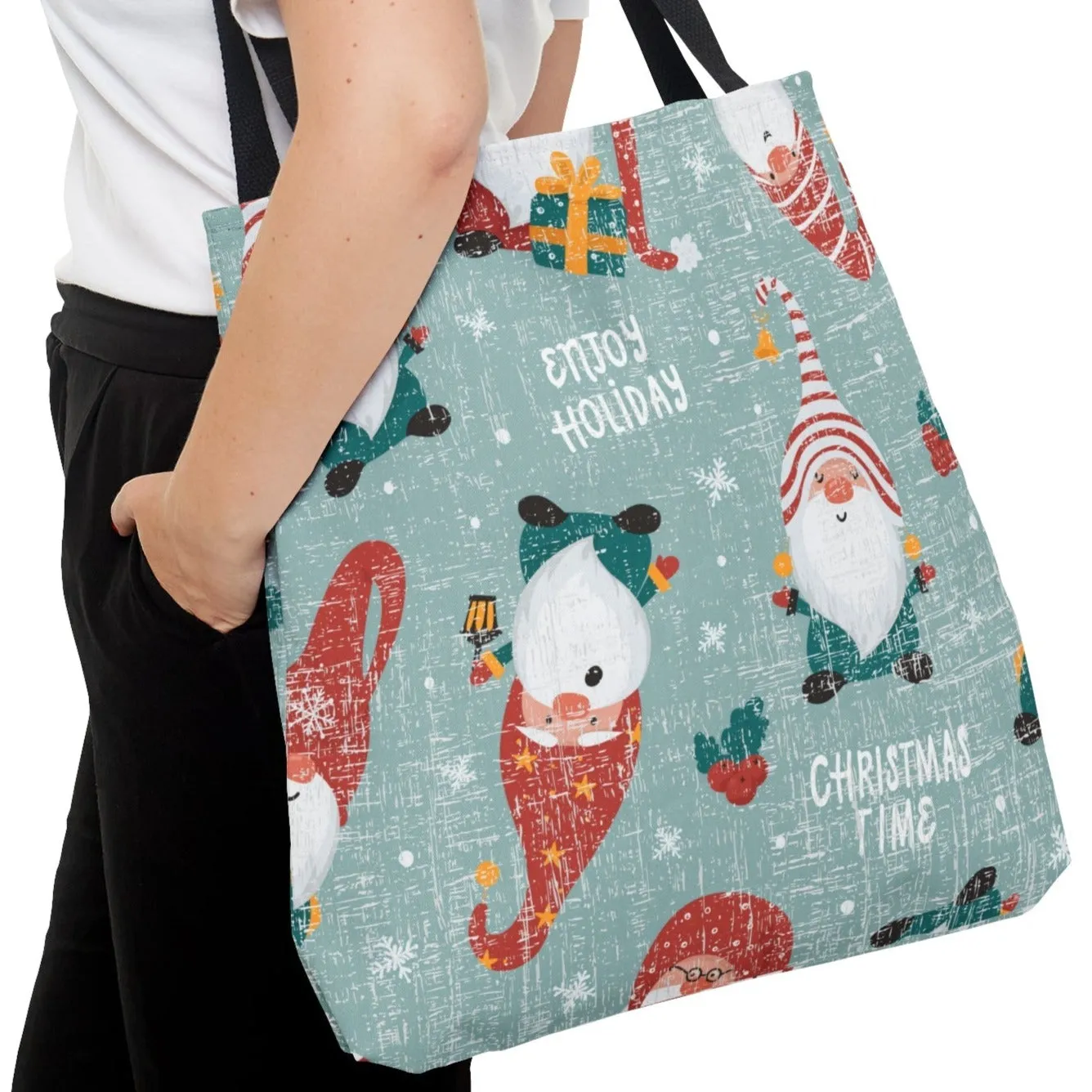 Whimsical Christmas Gnomes on Light Blue Large Tote Bag: Festive Holiday Carryall